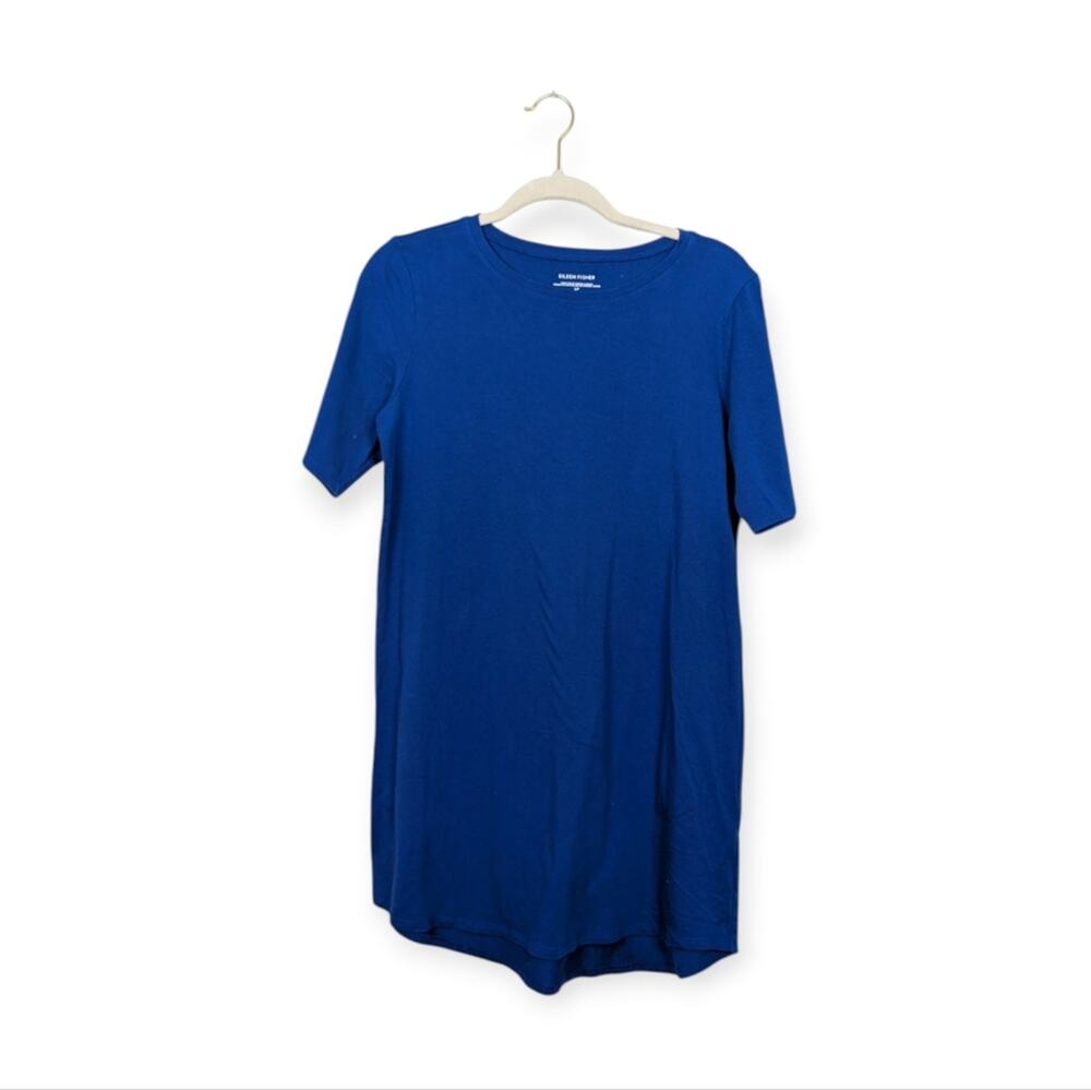 Eileen Fisher Tunic Top S Blue Cotton Blend Short Sleeve Relaxed Fit Minimalist